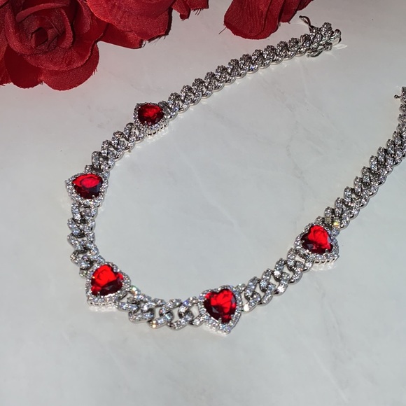 Red Heart Diamond Cuban Link Chain - Picture 2 of 4